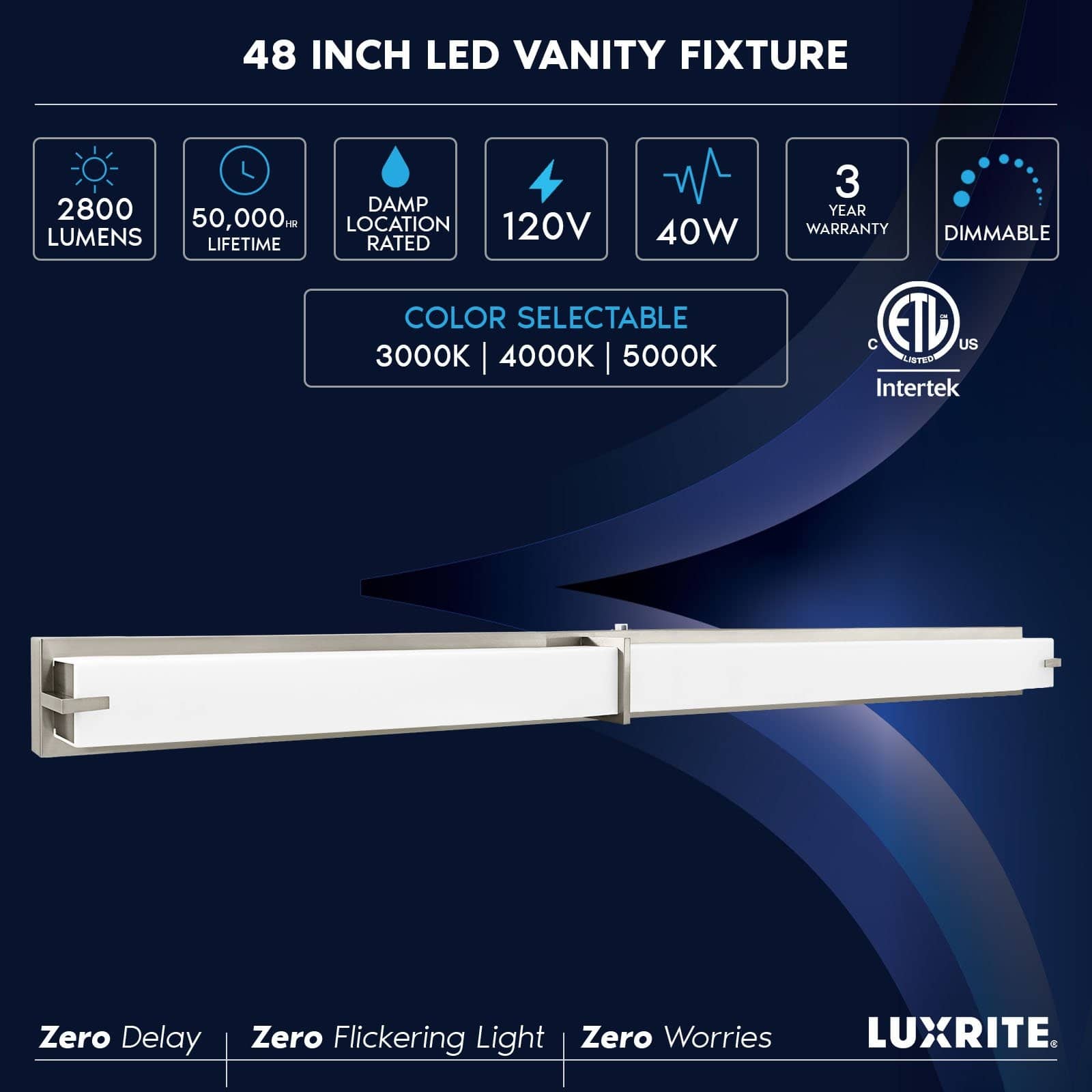 Luxrite 48" LED Vanity Light Brushed Nickel Bathroom Light Fixture 3CCT